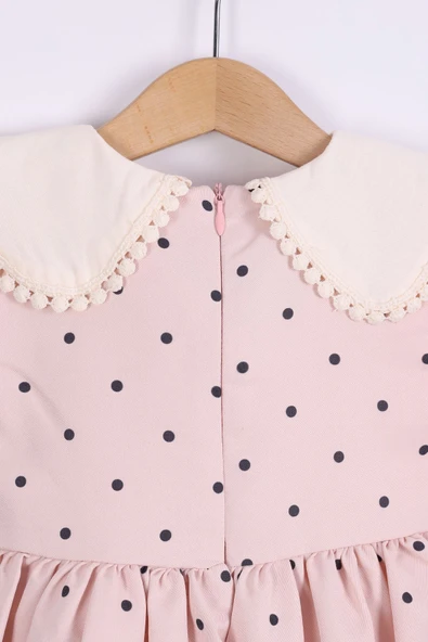 yudemia Kız Çocuk Pembe Puantiyeli Elbise - Dantel Yaka Fiyonklu Yazlık Elbise - 5