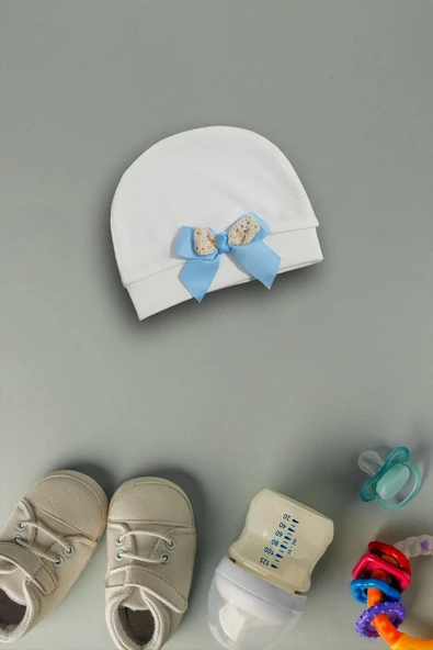 yudemia %100 Organik Pamuklu Şık ve Rahat Papyon Nakışlı Tasarım Bebek Beresi