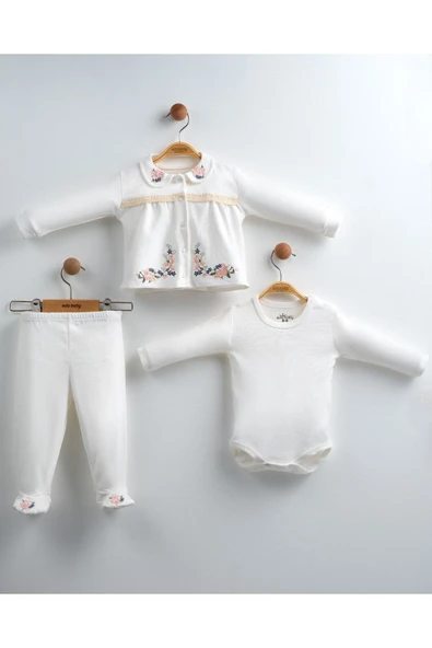 yudemia Kanaviçe Çiçekli 3 Parça Hastane Çıkış Seti - Kız Bebek Özel Tasarım