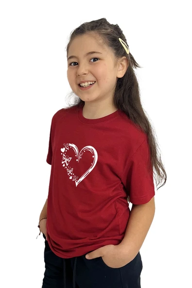 yudemia Kalp Baskılı Kız Çocuk Tişört | %100 Pamuk, Şık Ve Rahat