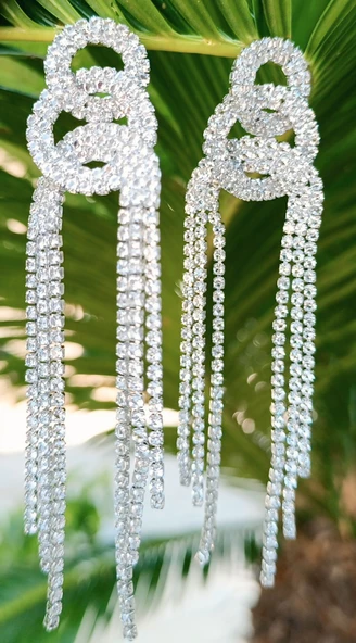 Gümüş Renk Zirkon Taşlı Lüks Abiye Küpe ürün görseli 1