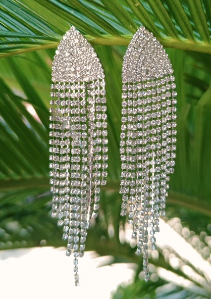 Gümüş Renk Zirkon Taşlı Lüks Abiye Küpe - 2