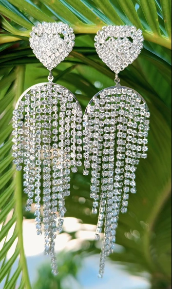 Gümüş Renk Zirkon Taşlı Lüks Abiye Küpe ürün görseli 1