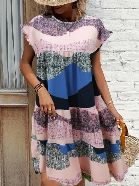 Kadın Kısa Kollu Bisiklet Yaka Kare Desenli Dalgıç Elbise - Resim 2