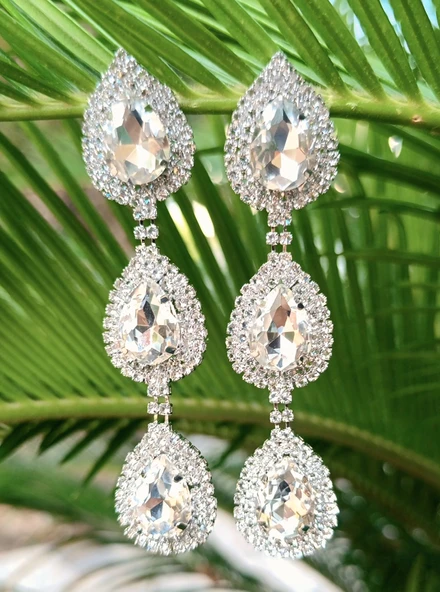 Gümüş Renk Zirkon Taşlı Lüks Abiye Küpe ürün görseli 1