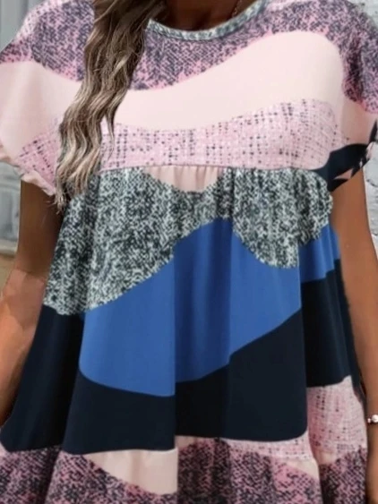 Kadın Kısa Kollu Bisiklet Yaka Kare Desenli Dalgıç Elbise - Resim 3