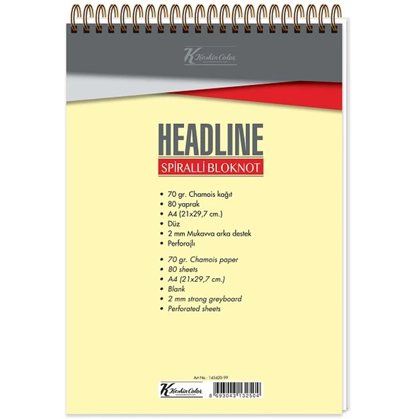 Keskin Color Bloknot Spiralli Headline Karton Kapak A5 80 YP Kareli 145432-99 - 2