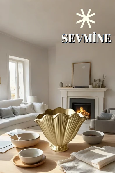 SEVMİNE İskandinav Bohem Tarzı Parlak Gold  Altın Istiridye Vazo Zarif Beton Dekor - Resim 3