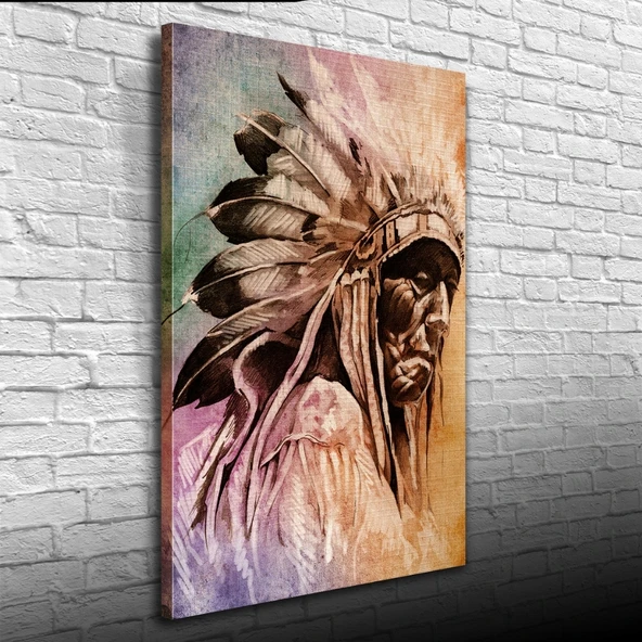 Dekoratif Yaşlı Kızılderili Erkek Portre Kanvas Tablo 50 x 70 - Resim 3