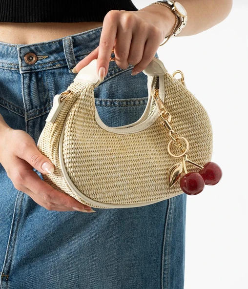 Lisbond Elegance Hasır Krem Charm Hediyeli Kadın El Ve Omuz Çantası