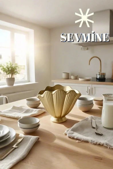SEVMİNE İskandinav Bohem Tarzı Parlak Gold  Altın Istiridye Vazo Zarif Beton Dekor - Resim 5