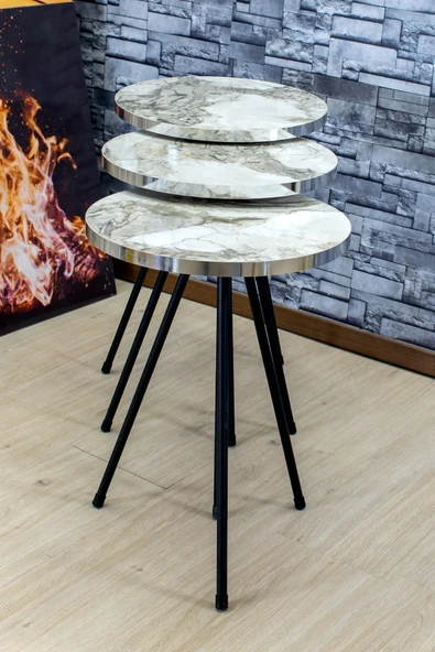 Zigon Sehpa 3'lü Siyah Metal Ayak Gümüş Efes 1071 - Resim 2