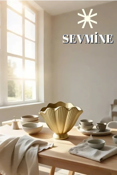 SEVMİNE İskandinav Bohem Tarzı Parlak Gold  Altın Istiridye Vazo Zarif Beton Dekor - Resim 6