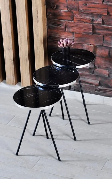 Zigon Sehpa 3'lü Siyah Metal Ayak Gümüş Siyah Bendir 1070 ürün görseli 1