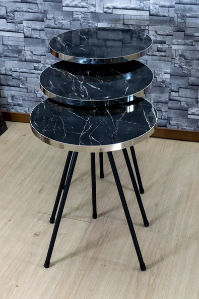 Zigon Sehpa 3'lü Siyah Metal Ayak Gümüş Siyah Bendir 1070 - Resim 3