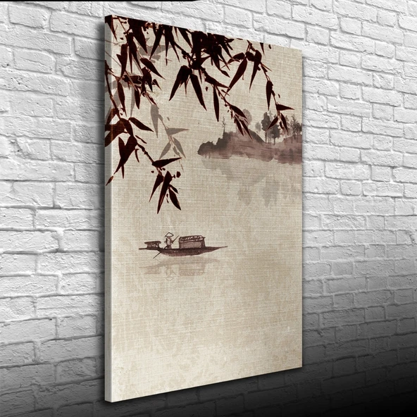 Nehirdeki Çinli Kayıkçı Suluboya Kanvas Tablo 50 x 70 - 3