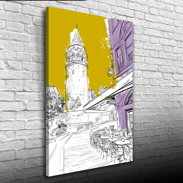 Sarı, Beyaz ve  Mor Tonlarda Galata Kulesi ve kafe Görseli Kanvas Tablo 50 x 70 ürün görseli 1