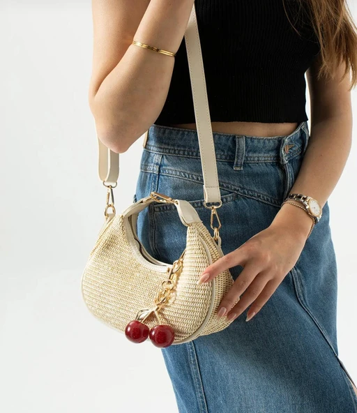 Lisbond Elegance Hasır Krem Charm Hediyeli Kadın El Ve Omuz Çantası - 2