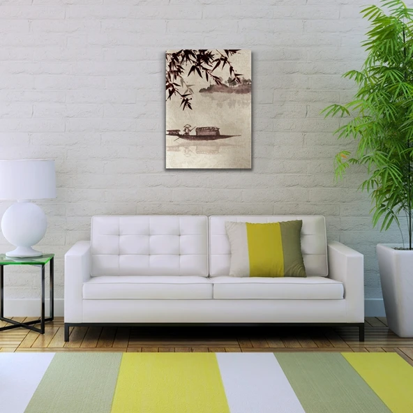 Nehirdeki Çinli Kayıkçı Suluboya Kanvas Tablo 50 x 70 - 2