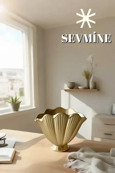 SEVMİNE İskandinav Bohem Tarzı Parlak Gold  Altın Istiridye Vazo Zarif Beton Dekor ürün görseli 1