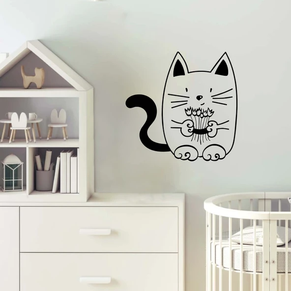 Elinde Çiçekli Kedi Sticker - Resim 2