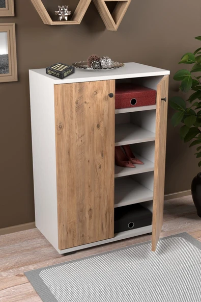 Ayakkabılık Çok Amaçlı Ayakkabı Dolabı 5 Raflı 2 Kapaklı Çam-beyaz - 2