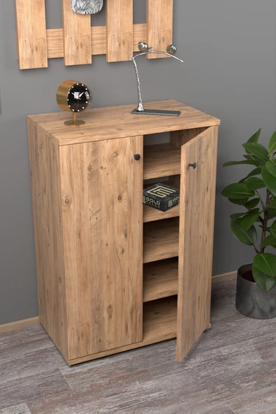 Ayakkabılık Çok Amaçlı Ayakkabı Dolabı 5 Raflı 2 Kapaklı Ceviz - 3