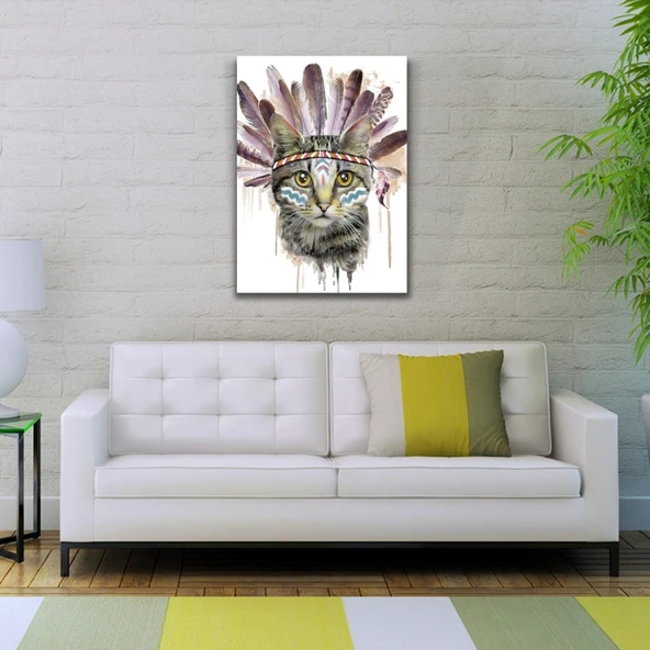 Kızılderili Kıyafetli Sevimli Kedi Kanvas Tablo 50 x 70 - Resim 2