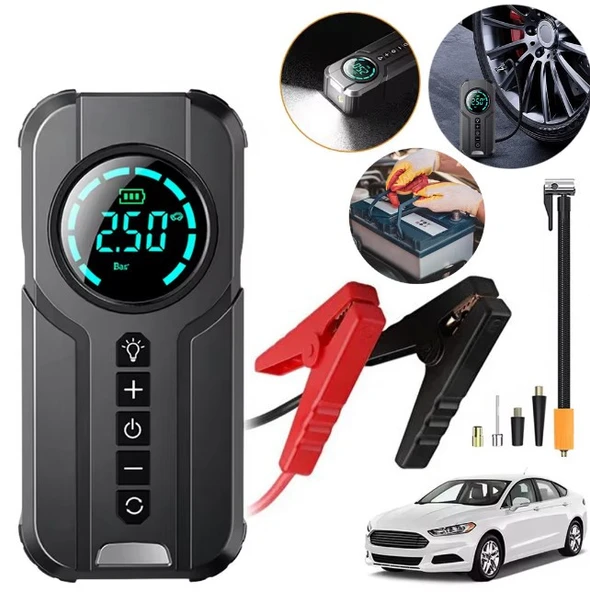 PowerMaster PM-25006 Powerbank Araç Akü Şarj Lastik Hava Kompresörü Şişirici Taşınabilir Dijital Kablosuz El Feneri Özellikli