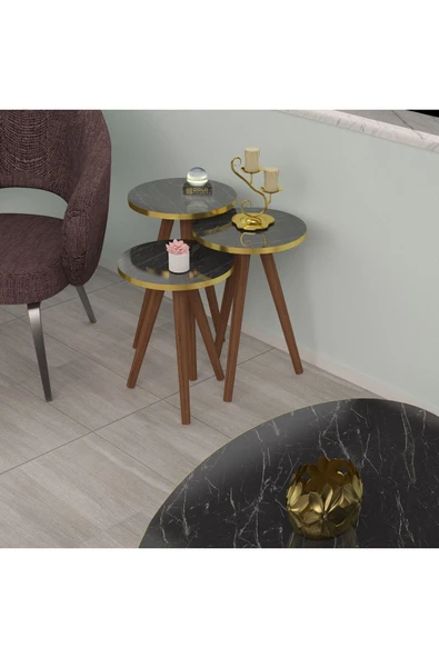Zigon Sehpa Ve Orta Sehpa Set Ahşap Torna Elips ALTIN Siyah Mermer Desen - 2