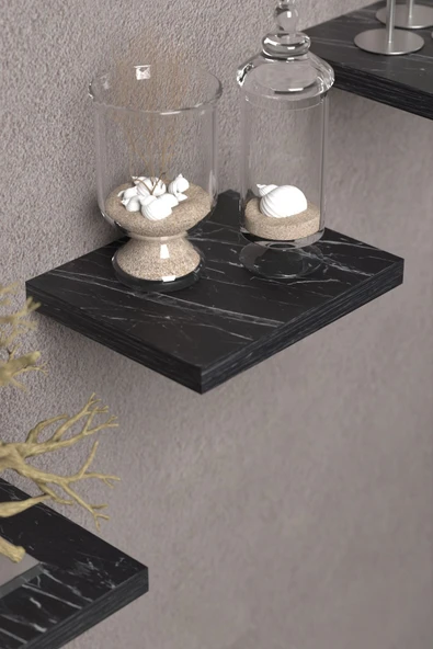 Duvar Rafı Dekoratif 3 Adet Çiçeklik Kare Siyah Mermer Desen - 3