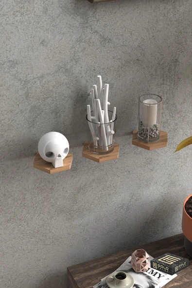 Duvar Rafı Dekoratif 3 Adet Çiçeklik Altıgen Ceviz - 2