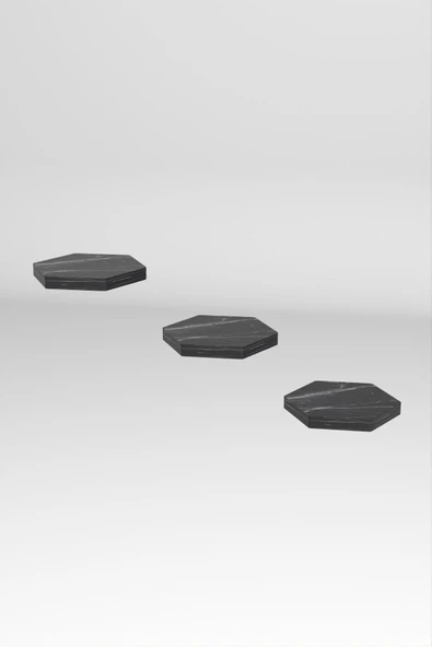 Duvar Rafı Dekoratif 3 Adet Çiçeklik Altıgen Siyah Mermer Desen - 3