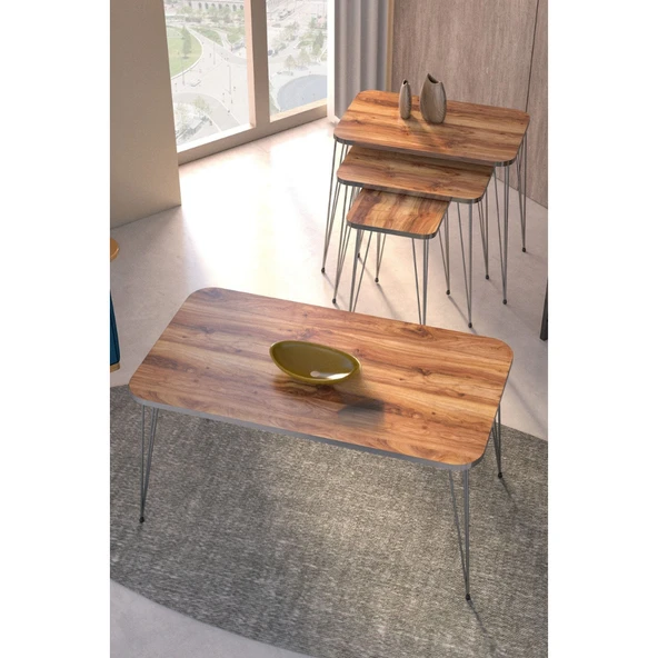 Zigon Sehpa Kr Ve Orta Sehpa Kr Set Gümüş Ceviz Tel