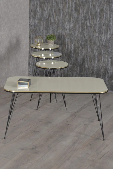 Zigon Sehpa Ve Orta Sehpa Kr Set Siyah Tel Ayak Çift Altın Krem