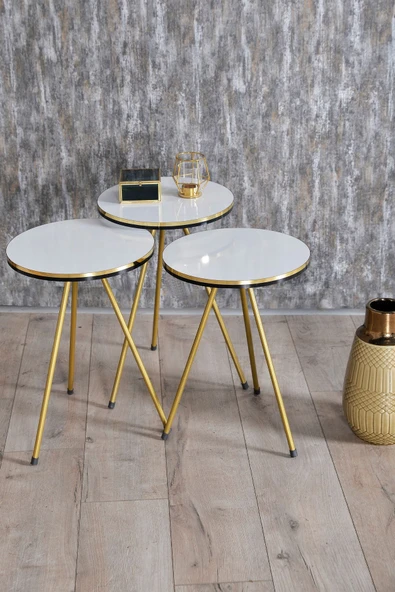 Zigon Sehpa ve Orta Sehpa Elips Set Çift Gold Beyaz Metal - 4