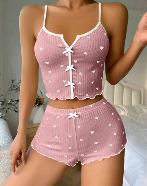 Kadın Pembe Kalpli Askılı Şortlu Pijama Takım 6654 - 3