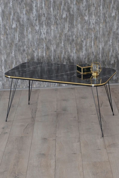 Zigon Sehpa Ve Orta Sehpa Kr Set Siyah Tel Ayak Çift Altın Bendir