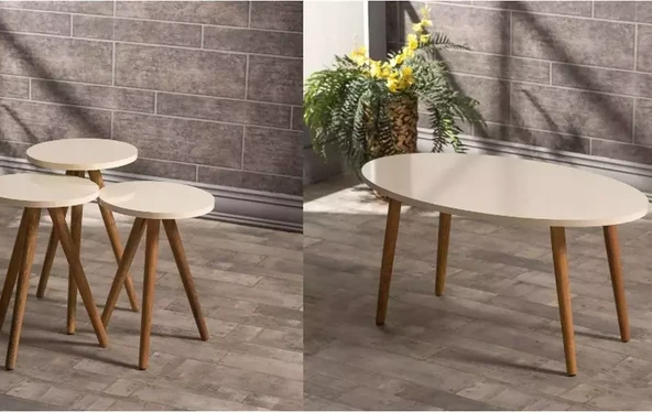 Zigon Sehpa Ve Orta Sehpa Set Ahşap Torna Elips Krem ürün görseli