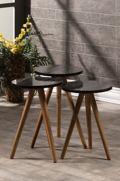 Zigon Sehpa Ve Orta Sehpa Set Ahşap Kr Torna Siyah Mermer Desen - 4