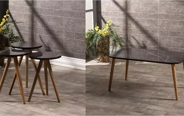 Zigon Sehpa Ve Orta Sehpa Set Ahşap Kr Torna Siyah Mermer Desen
