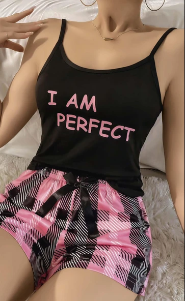 Kadın Siyah Kare Desenli Askılı Şortlu Pijama Takım 6652 - 2