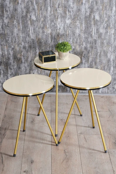Zigon Sehpa Ve Orta Sehpa Kr Set Çift Gold Krem Metal - 4