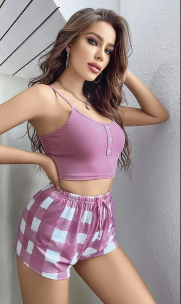 Kadın Pembe Kareli Desenli Askılı Şortlu Pijama Takım 6651 - 2