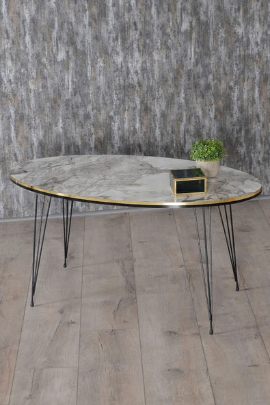 Zigon Sehpa Ve Orta Sehpa Elips Set Siyah Tel Ayak Çift Altın Efes