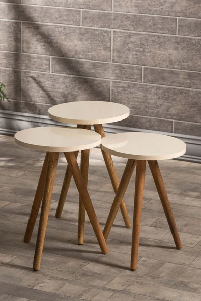 Zigon Sehpa Ve Orta Sehpa Set Ahşap Torna Elips Krem - Resim 4