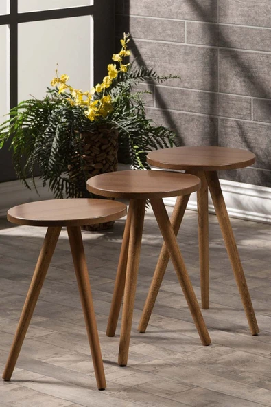 Zigon Sehpa Ve Orta Sehpa Set Ahşap Torna Elips Ceviz - Resim 4