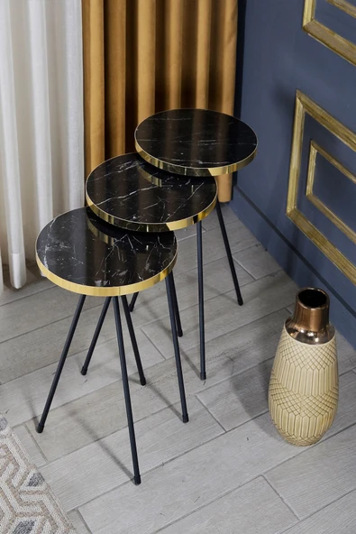 Zigon Sehpa Ve Orta Sehpa Elips Siyah Metal Ayak Altın Bendir Set - 2