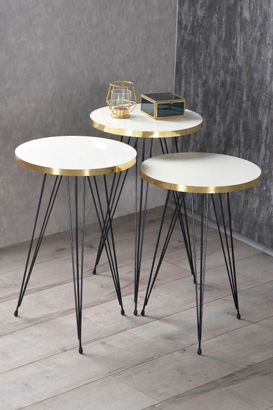 Zigon Sehpa Ve Orta Sehpa Elips Set Siyah Tel Ayak Altın Beyaz - 4