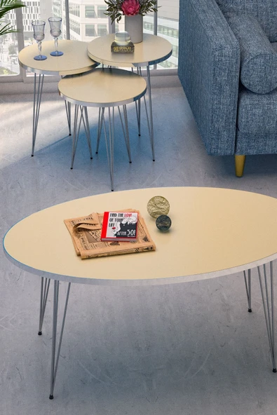 Zigon Sehpa Ve Orta Sehpa Elips Set Gümüş Krem Tel ürün görseli